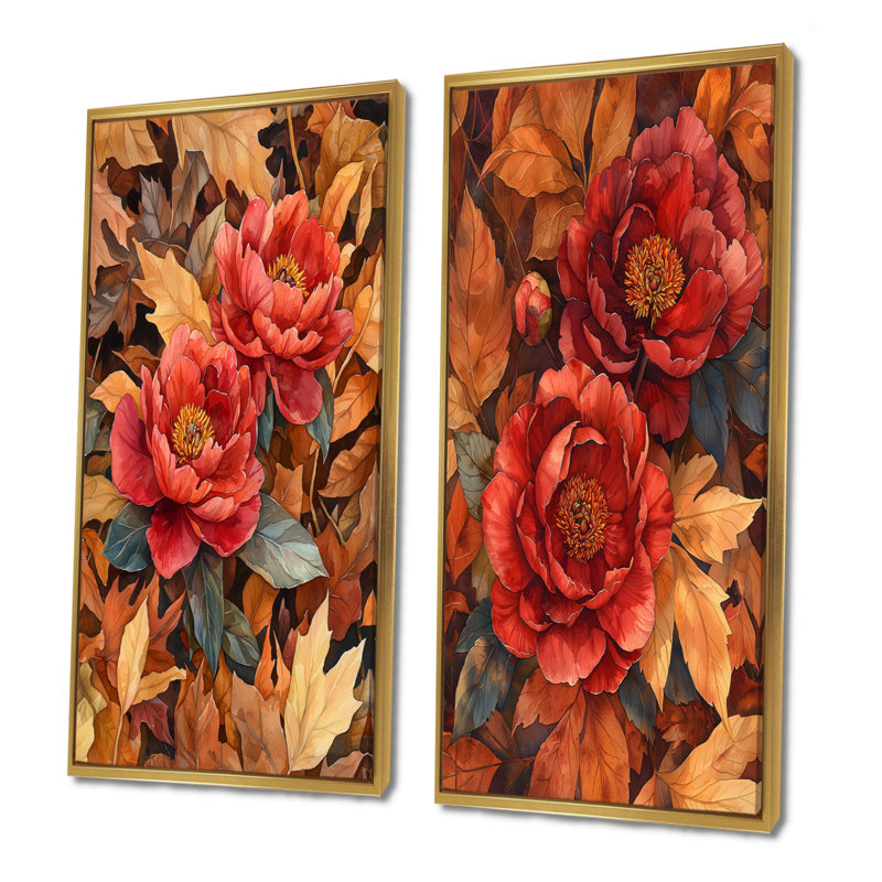 Pivoines rouges parmi les feuilles d'automne I - Collection d'art mural floral 2 panneaux, H 28 po x l 25 po
