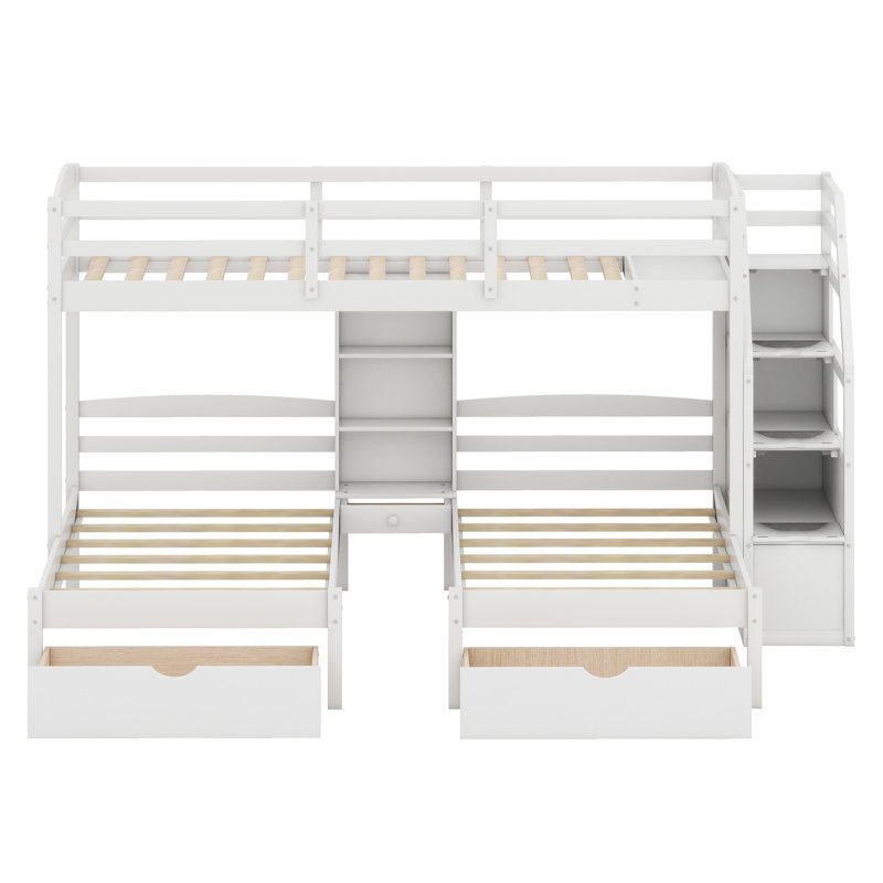 Triple lit superposé avec tiroirs, escalier de rangement et tablettes intégrées, Blanc