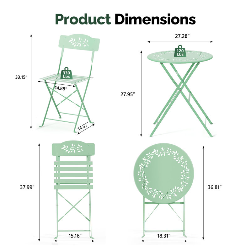 3-Piece Bistro Set With Seat Cushions,Light Green, Light Green