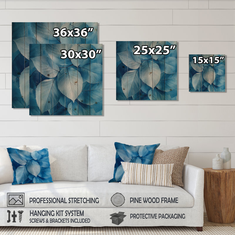 Minimalism Azure Leaves Harmony I - Leaves  Wood Print - On Natural Pine Wood, 25" H x 25" W x 0.78" D