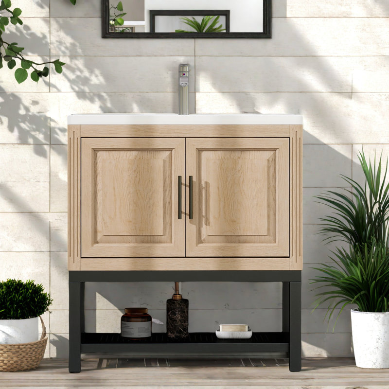 Meuble-lavabo 32 po avec lavabo en céramique et robinet d'eau chaude et froide, armoire de salle de bain autoportante avec 2 portes de rangement et tablette ouverte en fer pour la salle de bain