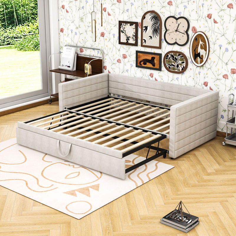 Lit de jour simple rembourré avec design extensible de taille simple à très grand , Beige