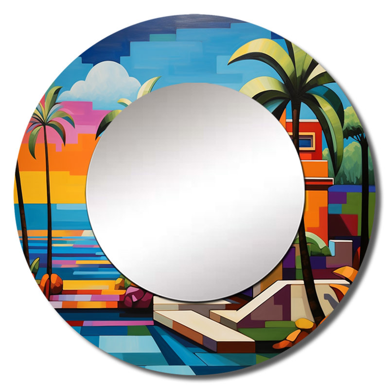 Pop Art Palm Beach en couleur I - miroir Pop Art, miroir mural rond unique Glam, impression sur métal, 29 po x 29 po