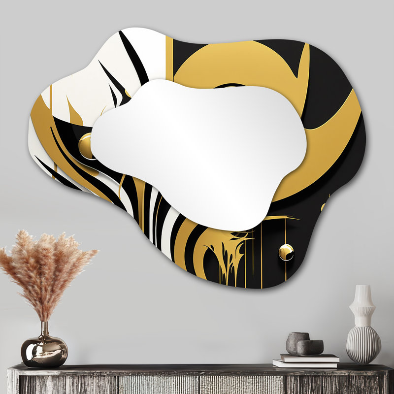 Yin Yang In Gold And Black - Geometric Cloud Large Wall Mirror, Black Asymmetrical Decorative Mirror, Printed Metal Art