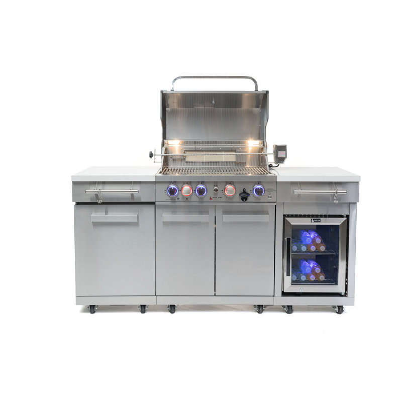 Mont Alpi 5-burner Compact Black Stainless Steel Outdoor Kitchen Island Gas Grill + Fridge Cabinet