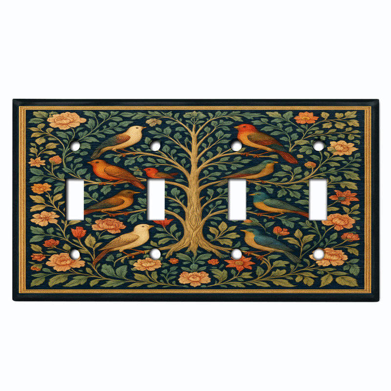 Couvercle de plaque d'interrupteur en métal; Bascule standard US 2 - Arbre des oiseaux, #4 Quad Toggle
