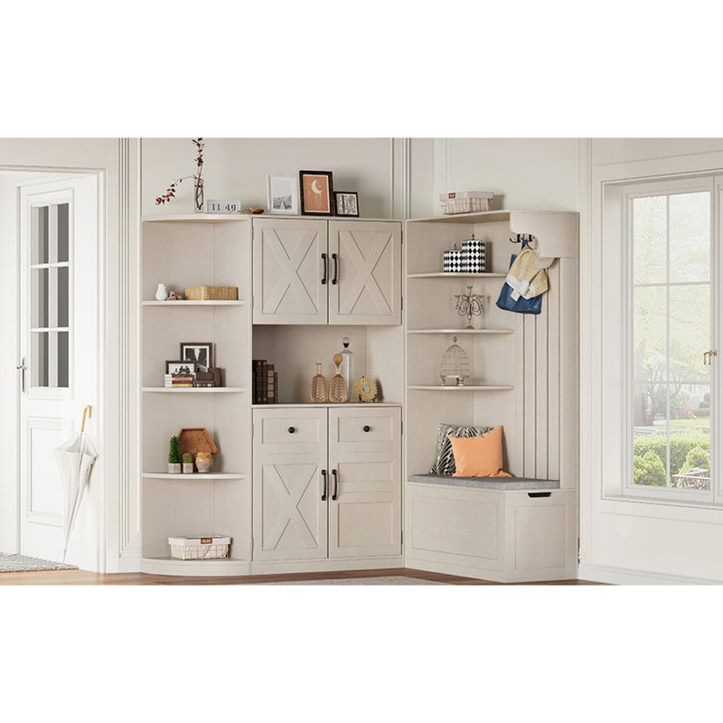 Armoire de couloir gauche / droite beige, rangement et suspension, 5 armoires, 8 tablettes, 4 crochets, imperméable, facile à installer, couleur multifonctionnelle, pour la cuisine, le couloir du salon, avec fonction d'arbre, ronde