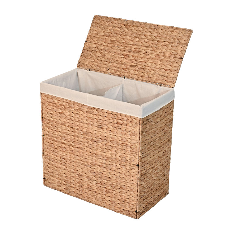 Panier à linge pliable à 2 sections en jacinthe tissé à la main avec doublure lavable, poignées et couvercle Sawyer, Naturel