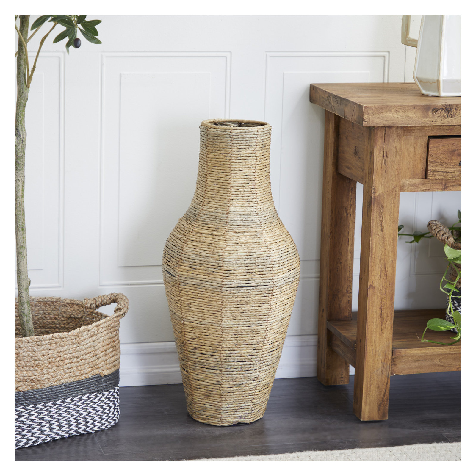 Sabre Brown Faux Seagrass Handmade Tall Woven Floor Vase, 27.5" H x 12" W x 12" D