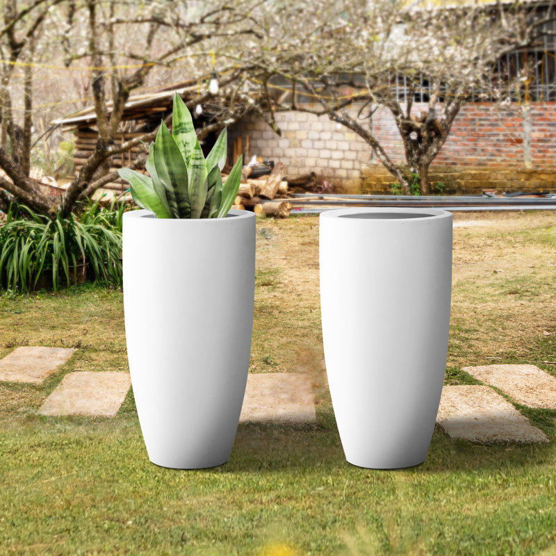 Tali 13.39" W x 23.62" H Round Cement Planters, Pure White
