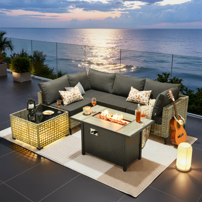Ensemble de conversation modulaire en osier / rotin pour 4 personnes avec table basse lumineuse Emroy, ensemble de conversation modulaire pour l'extérieur avec coussins