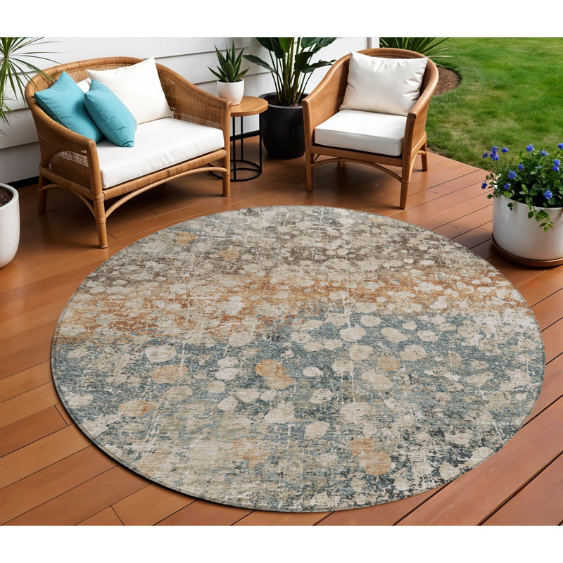 Tapis extérieur rond lavable abstrait 8 pi beige et cuivre