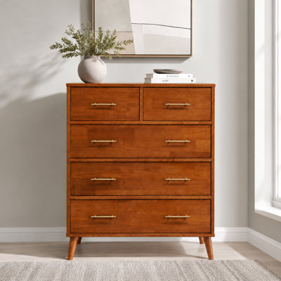 Imre 34" W Mid Century Modern Solid Wood 5-Drawer Tall Dresser