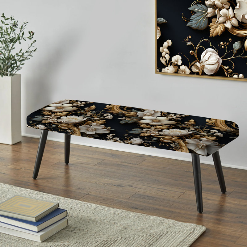 Banc rembourré floral noir, Motif floral victorien noir et blanc doré