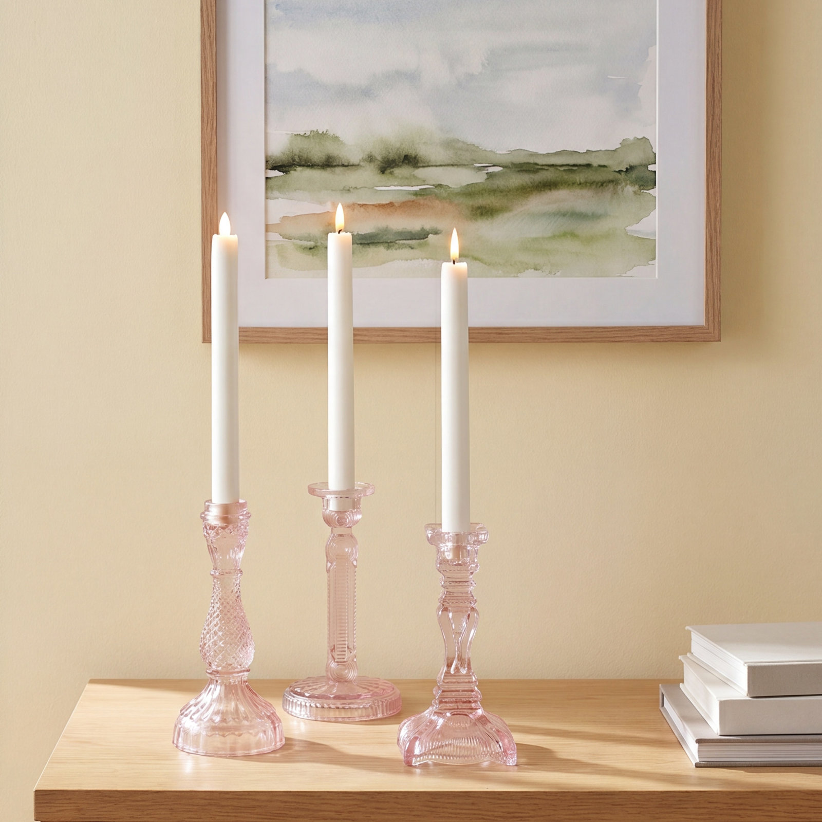 Florette Glass Taper Holders, Set of 3, Large, Pink
