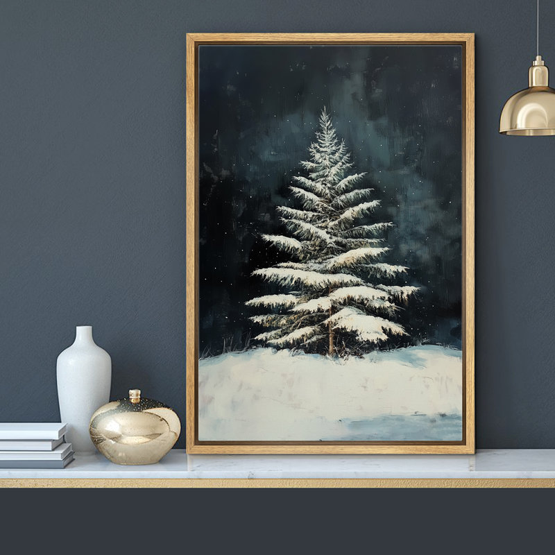 Moody, vert foncé, sapin de Noël, paysage d'hiver, décor de vacances, impression sur toile encadrée, Naturel