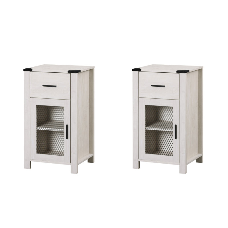 Farmhouse End Table Set Of 2 With Drawer And Rustic Mesh Door Stroage, Antique White
