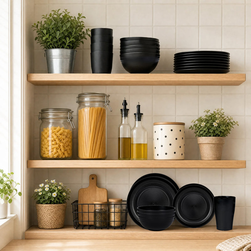 Wheat Straw Tableware Set 32 Pack, Reusable Plates, Bowls & Drinking Cups, Black
