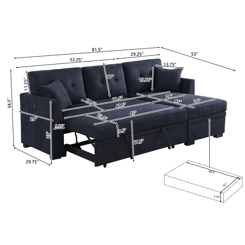 81'5" Convertible Sleeper Sectional Sofa With Pull-Out Bed with USB and Side Pockets, Blue Chenille
