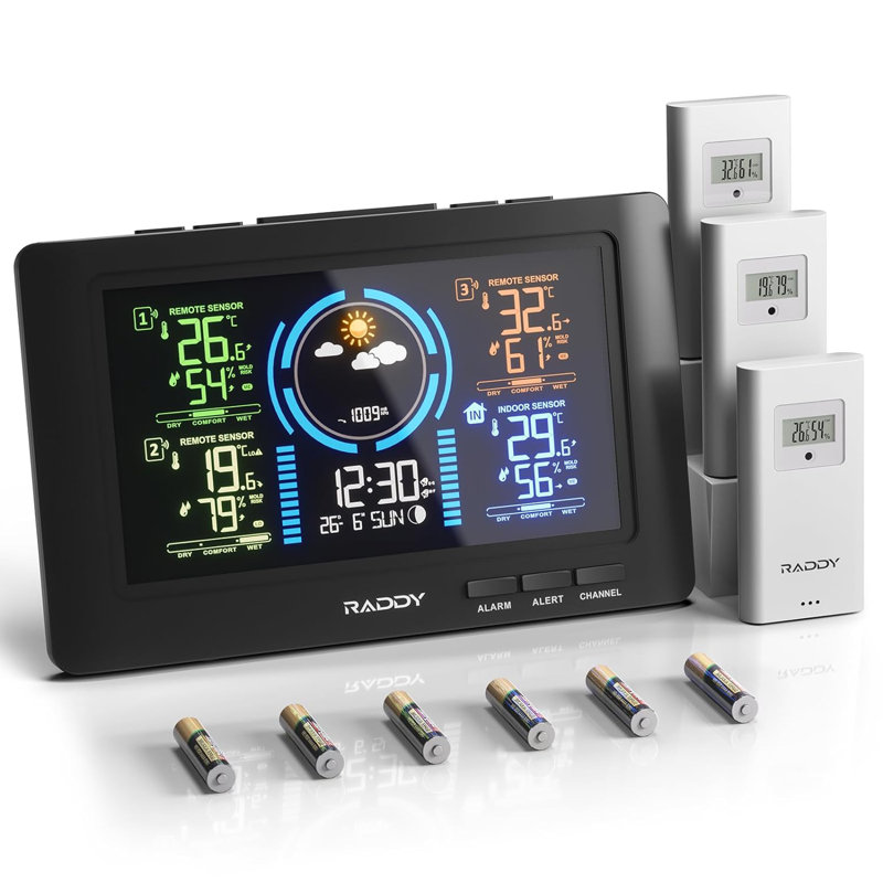 Wf-80c Weather Station Wireless Indoor Outdoor 7.5'' Large Colour Display With 3 Outdoor Sensors, Thermometer Hygrometer Barometer, Atomic Clock, Weather Forecast