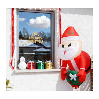 Hanging Inflatable Santa Claus Holding Wreath with LED Lights, Outdoor Christmas Decoration