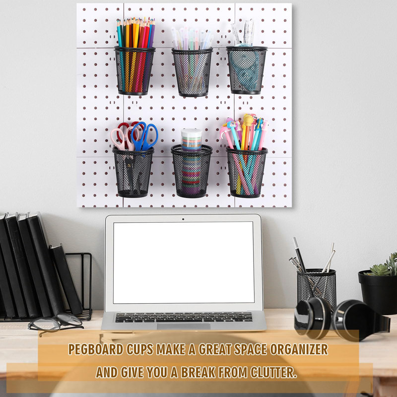 6 Sets Pegboard Cups With Ring Hook Pegboard Bin Holder Organizer Multipurpose Pen Cup Metal Pencil Holder For Desk Office Garage(Black,Regular)