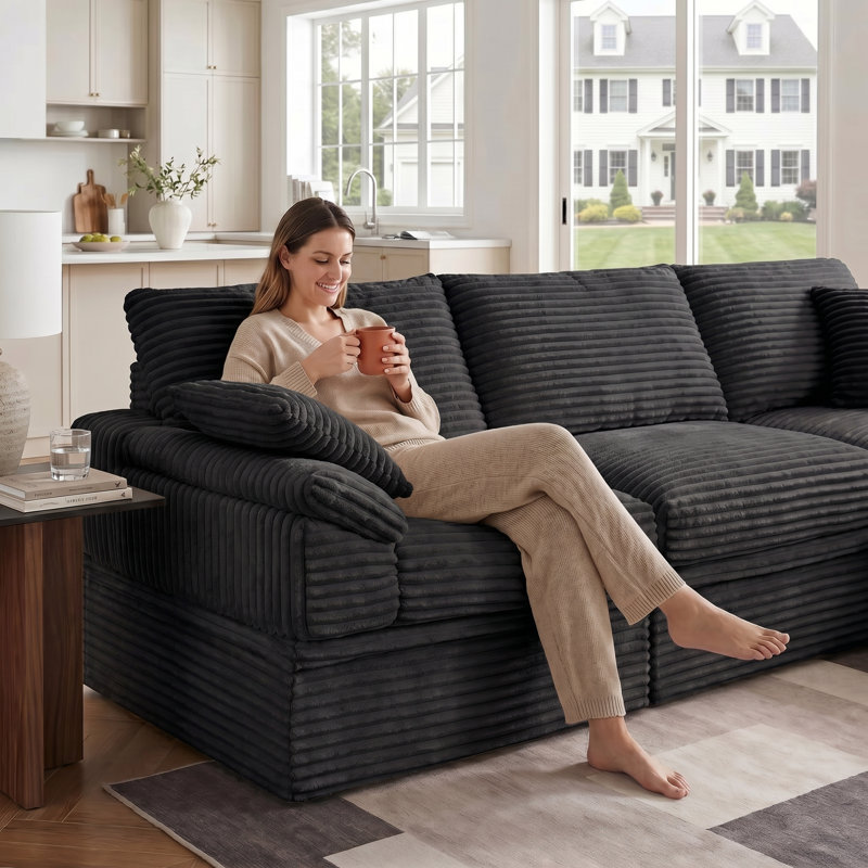 Boneless 70.8"W Oversized Corduroy Sectional Loveseat with Pillow Topped Arms, 4-Piece Modular Sleeper Sofa with 2 Ottomans, Under-Seat Storage & 2 Pillows for Living Room, Easy Assembly