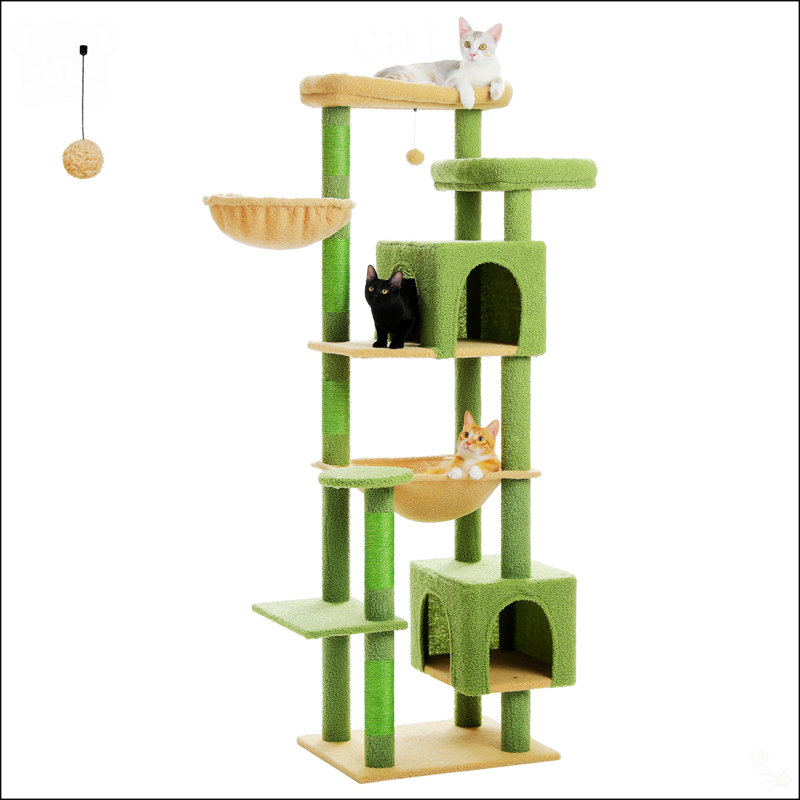 69" Tall Green Sisal and Plush Cat Tree with Hammocks