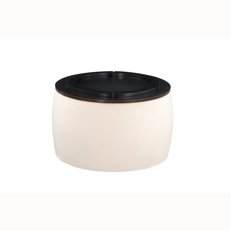 Suyeko 13.58" Wide Velvet Round Storage Ottoman, Beige Velvet