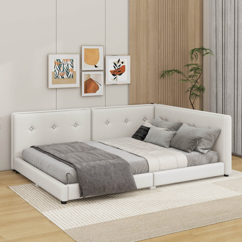 Lit plateforme tapissier avec ports USB, Beige, Grand lit