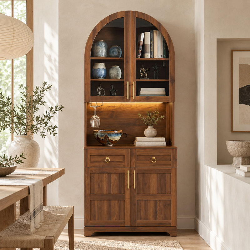 Armoire de cuisine cintrée avec portes vitrées, éclairage DEL, station de recharge et tablettes réglables., Black