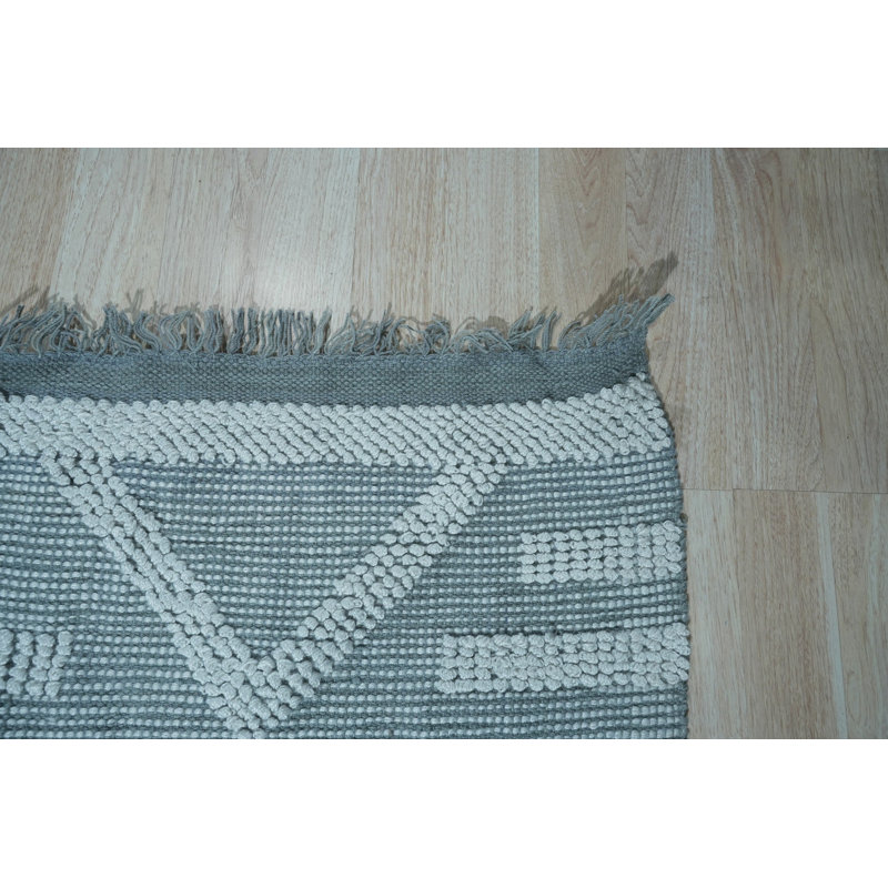 Gray Hand-Knotted Wool Diamond Banded Motif Geometric Modern Contemporary Carpet Rug, 5' x 7'6