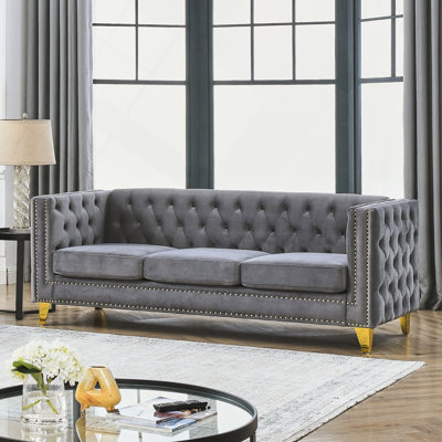 Velvet Sofa For Living Room,Buttons Tufted Square Arm Couch, Modern Couch Upholstered Button And Metal Legs, Sofa Couch For Bedroom, Velvet