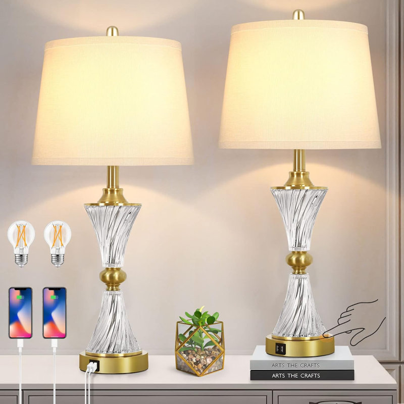 Touch Control Dimmable Table Lamps For Bedrooms, 3-Way Gold Crystal Bedside Lamp With USB Ports, Set Of 2 Table Lamps