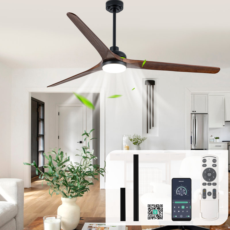 72" Black Solid Wood Propeller Ceiling Fan with Light and Remote/APP Control, 6-Speed, Dimmable LED Ceiling Fans for Living Room