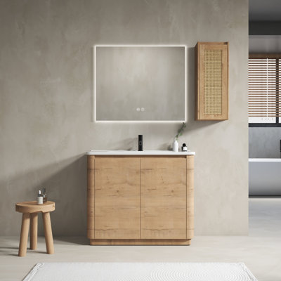 Meuble-lavabo autoportant de 40 po avec lavabo en céramique et 2 portes à fermeture douce et armoire latérale, emballage KD, contreplaqué