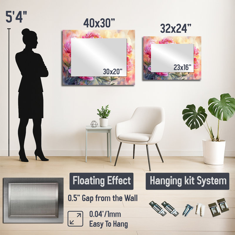 Pivoines au soleil levant II - miroir floral pour décoration murale - imprimé sur métal, 24 po x 32 po