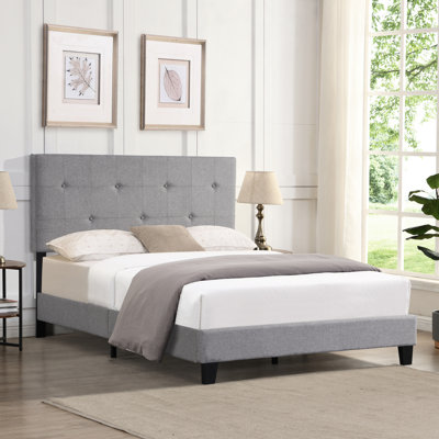 Structure de lit grand lit avec tête de lit en lin, gris, aucun sommier tapissier requis, support en lattes de bois, assemblage facile, tissu durable de 500 lb, couleur grise, ressort, 84,27 po Long