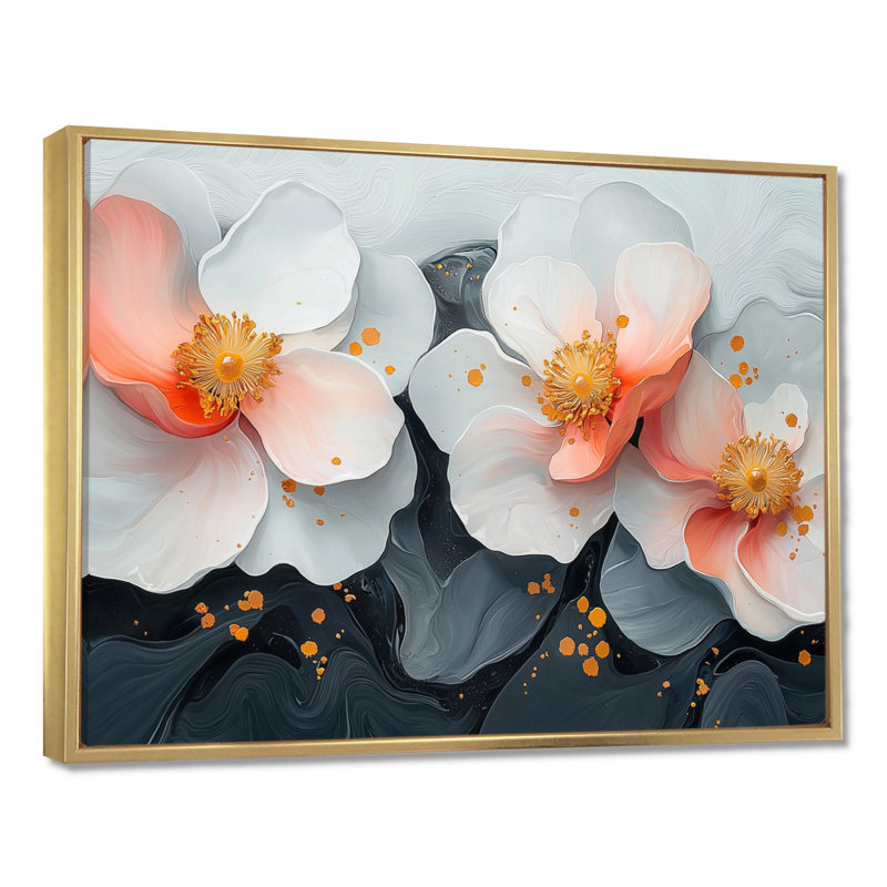 Mou rose, fleurs blanches et pures - Art mural, H 12 po x l 20 po, Cadre flottant, Doré