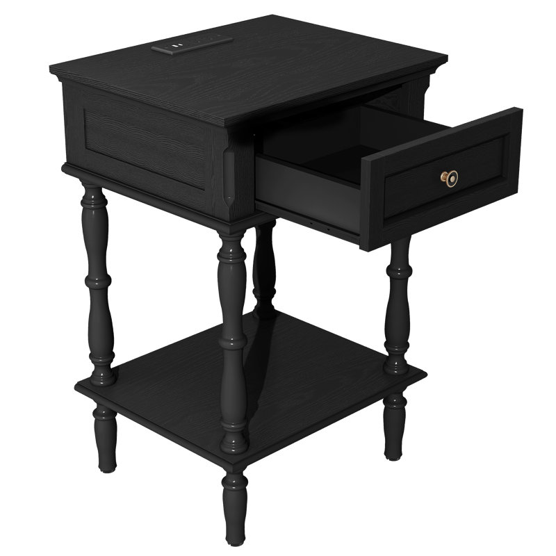 Table de bout à 1 tiroir de 25 po de hauteur avec prises de charge intégrées (ensemble de 2), assemblage minimal requis, Noir