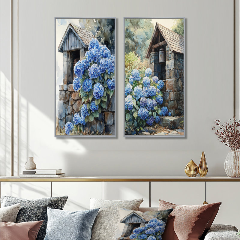 Hortensias par The Farm Well I - impressions sur toile florales 2 panneaux, H 40 po x l 41 po, Encadrement argenté