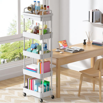 Five-Tier Rolling Utility Cart With Drawers, Plastic Shelves And Metal Wheels