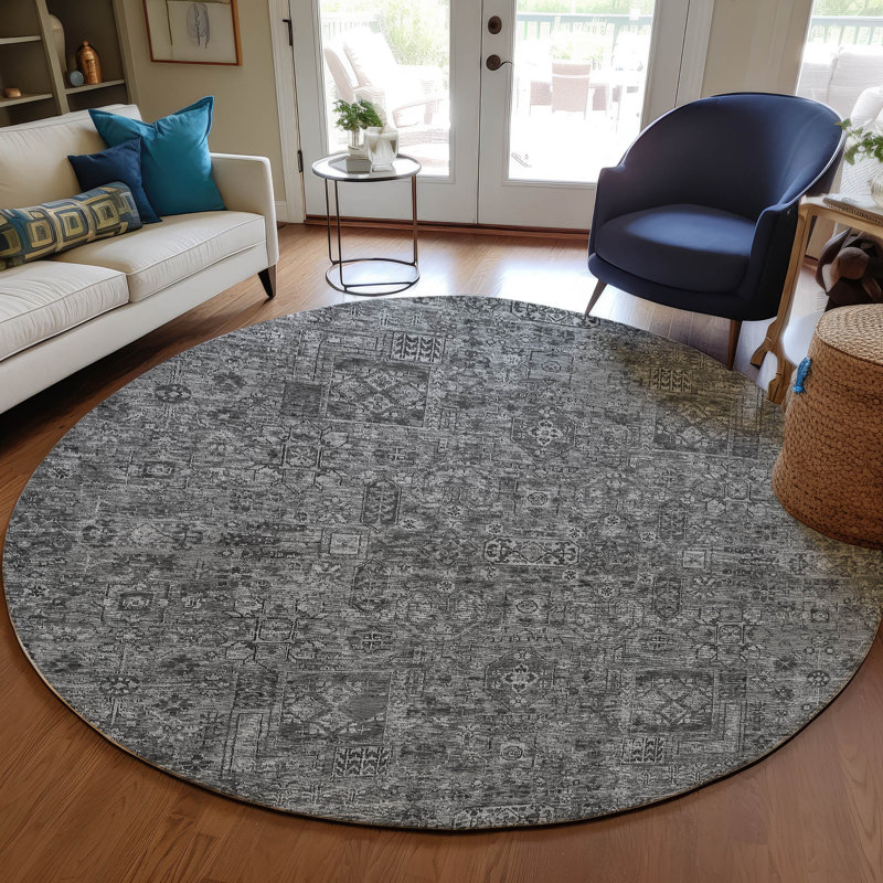 Everlee Flatweave Machine Washable Abstract Indoor / Outdoor Rug, Round 8'