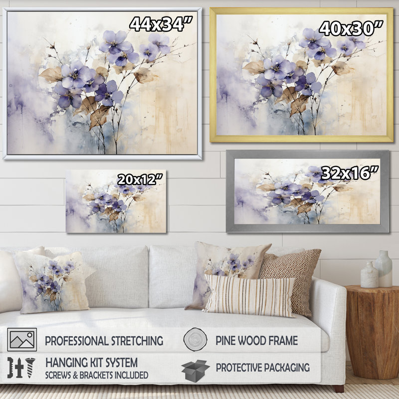 Beige et mauve orné de violettes - Violettes, reproductions encadrées, 34" H x 44" W, Cadre flottant noir