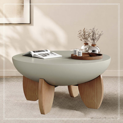 Table basse de style milieu du siècle, 76 cm (30 po), en forme de bol, avec pieds en bois massif, plateau lisse peint, montage facile, idéale pour les petits espaces (salon, appartement), couleur vert sauge et noyer.