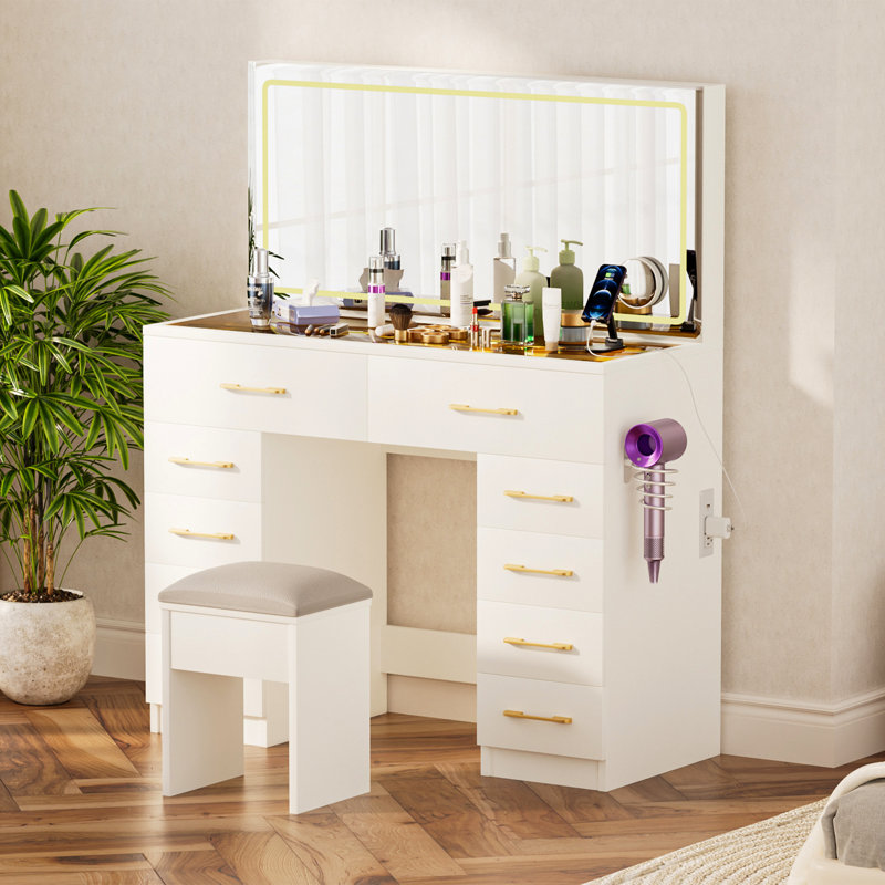 Bureau de meuble-lavabo 46 po avec 10 tiroirs, miroir de maquillage, tabouret, 3 modes d'éclairage, prise de courant, glissières silencieuses - grand port pratique éclairé pour chambre blanche, miroir personnalisable et charge