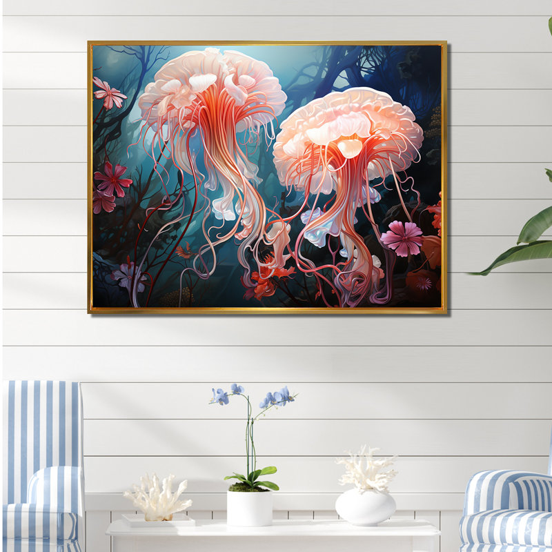 «Blue and Pink Jellyfish Dance» sur toile, H 34 po x l 44 po x P 1,5 po, Cadre flottant doré