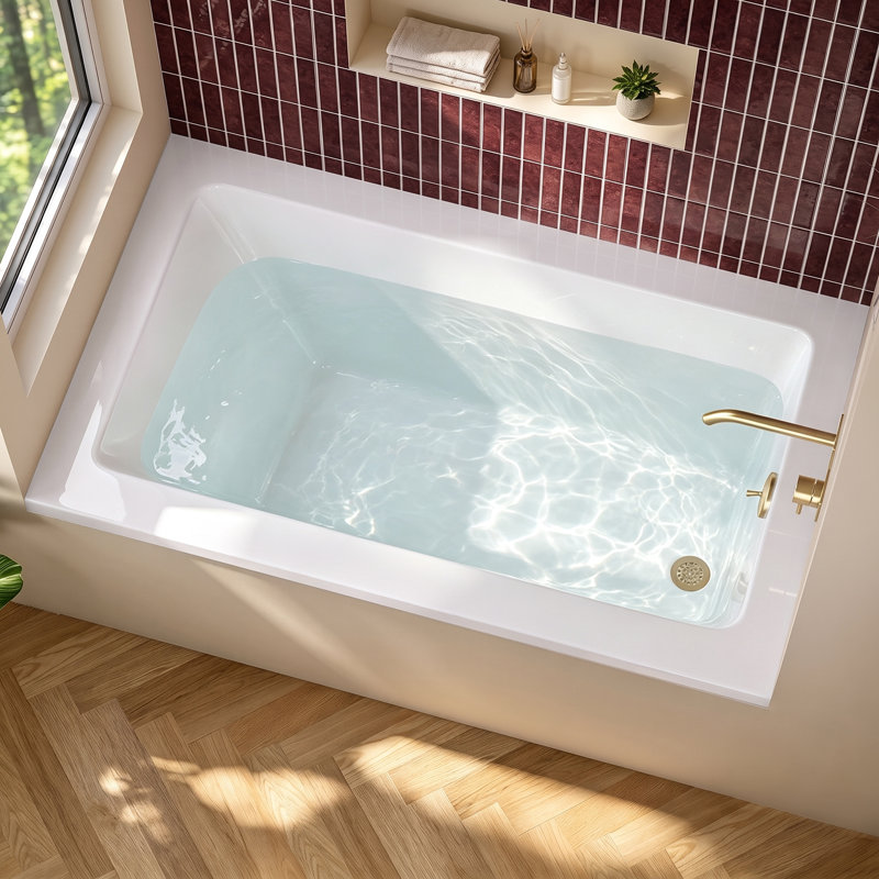 54" W X 32'' D Alcove Rectangular Bathtub Drop-in Soaking Right Drain Tub 3-Wall Acrylic White Bathroom Tub with Integrated Overflow