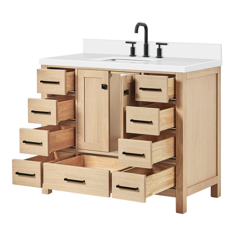 Cambridge X P 22 po P 36 po Coiffeuse en H avec comptoir en quartz blanc avec lavabo, Rectangular, Chêne / noir mat