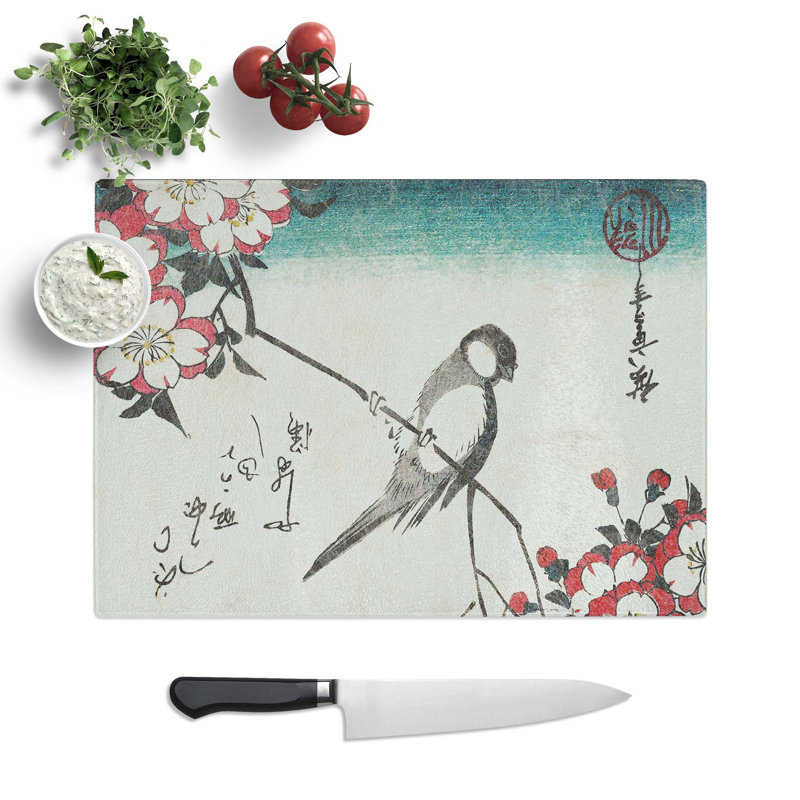 Tempered Glass Bird and Cherry Blossom Chopping Board, 39 cm W x 28.5 cm L
